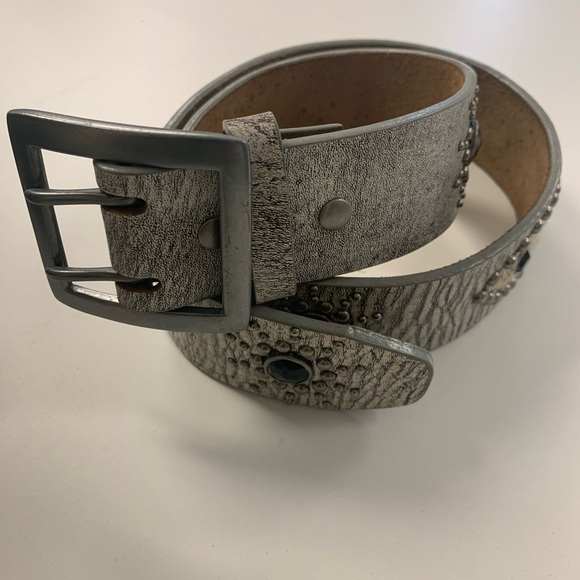 REO Grey Strap Black Silver-Toned Studded Leather Belt Double Prong Buckle
